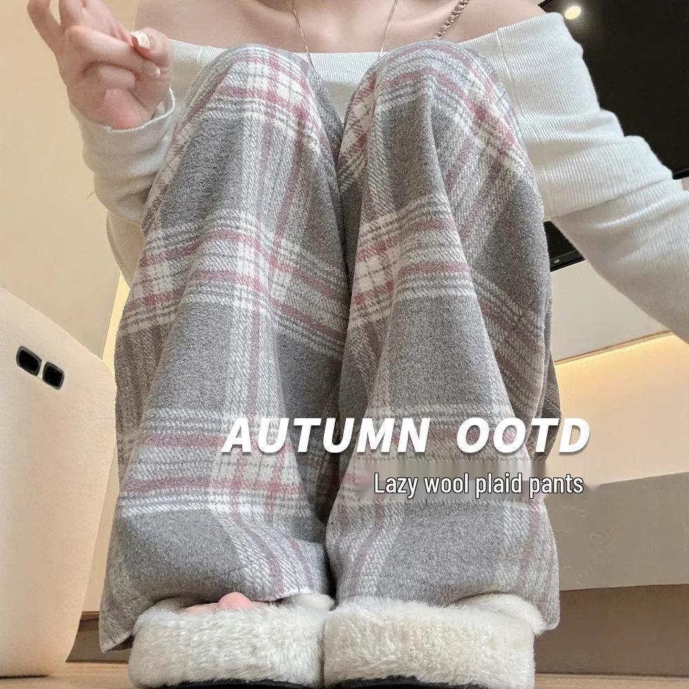 

Korean Style Women s Plaid Wool Pants - Autumn/Winter Soft, Loose, Slimming, Straight & Wide Leg Casual Fit L [110-125 lbs]