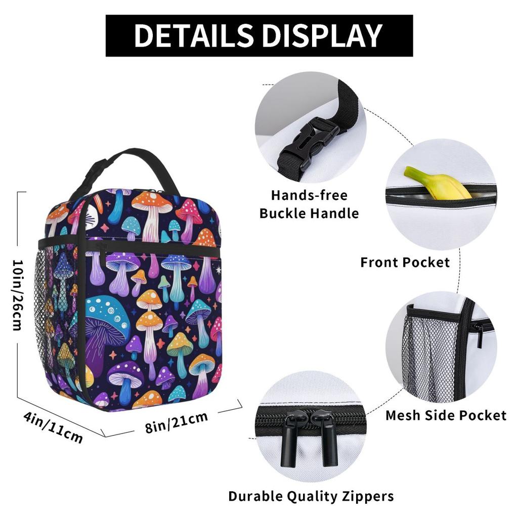 Colorful Magical Mushrooms Pattern Insulated Lunch Bag for Women Kids Leakproof Food Boxes Thermal Lunch Box Tote