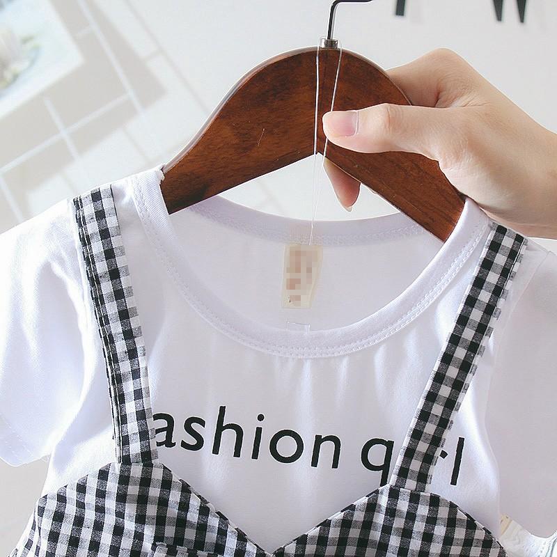 Children Summer Girls Cute Plaid Fake Two Piece Bottoming Short Sleeved Sweet Princess Dress