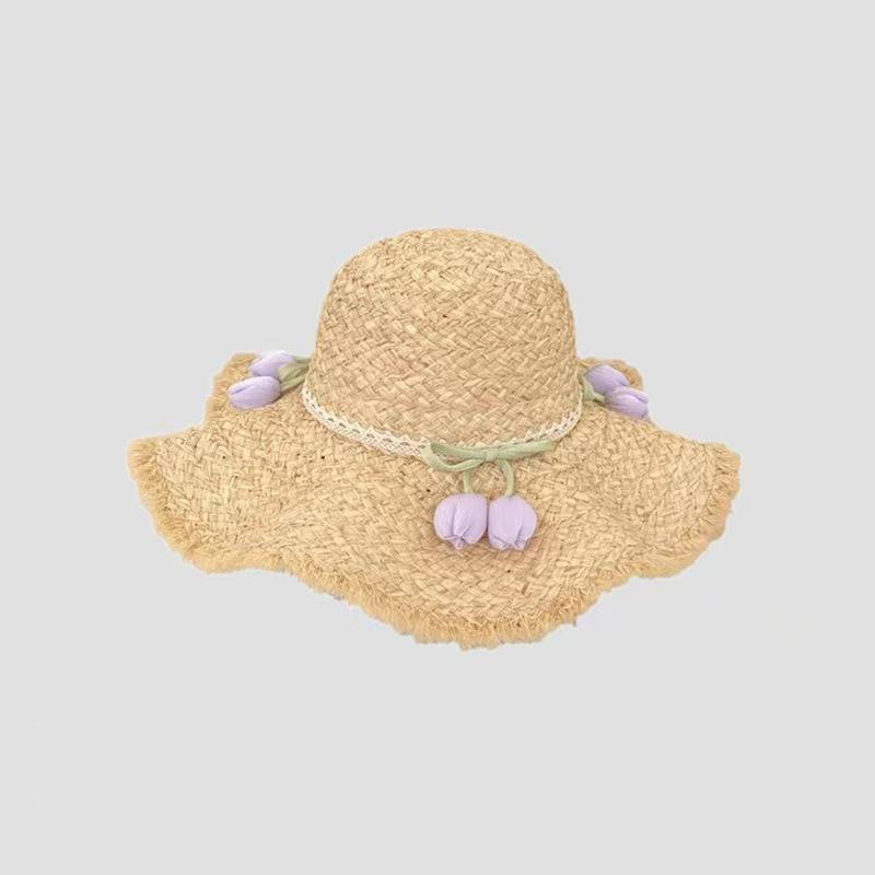 

Lace Tulip Lafite Straw Hat Women s Summer Seaside Vacation Big Brim Beach Visor Sun Hat L（58-60cm） фіолетовий
