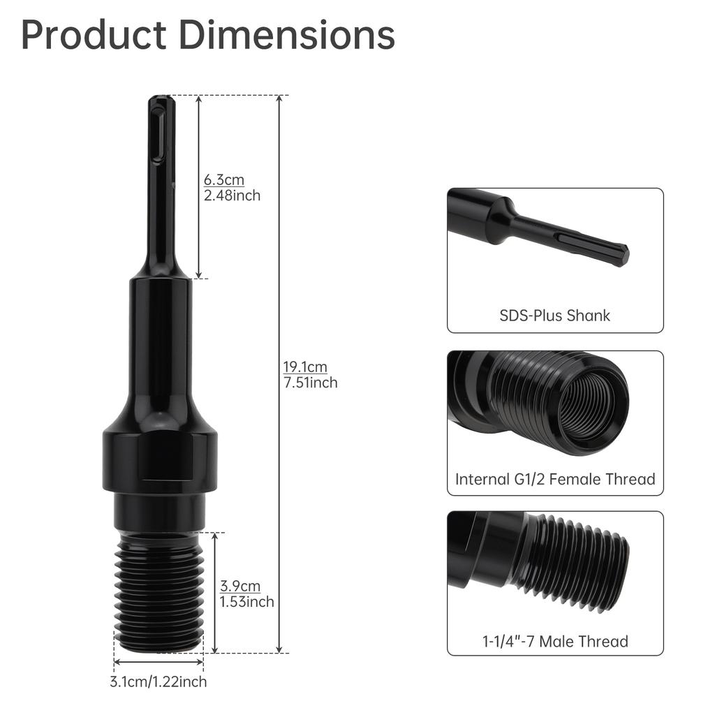 1-1/4 inch-7 Male Thread to SDS Plus Adapter for Concrete Coring Drill Core Drill Bit Converter for Rotary Power Tool