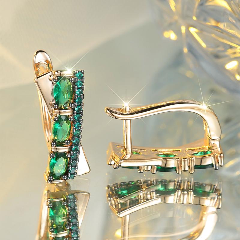 Elegante ovale grüne Zirkon-Clip-Ohrringe für Frauen Ethno-Luxus-Goldfarbe Hochzeitsschmuck