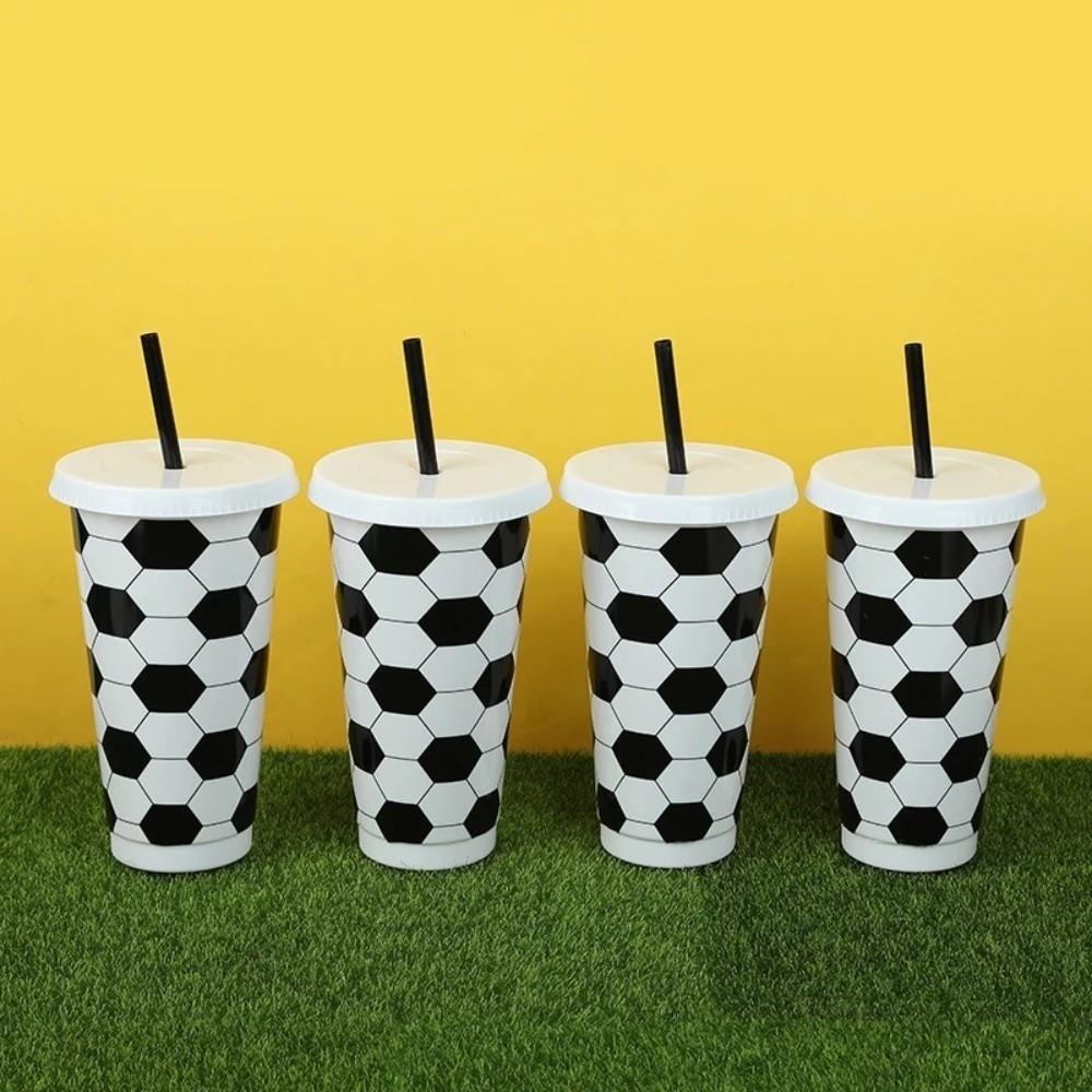 6 Pcs Set 24 OZ Soccer Cups Large Capacity with Lid and Straw Milk Tea Cup Stackable Reusable Coffee Cup