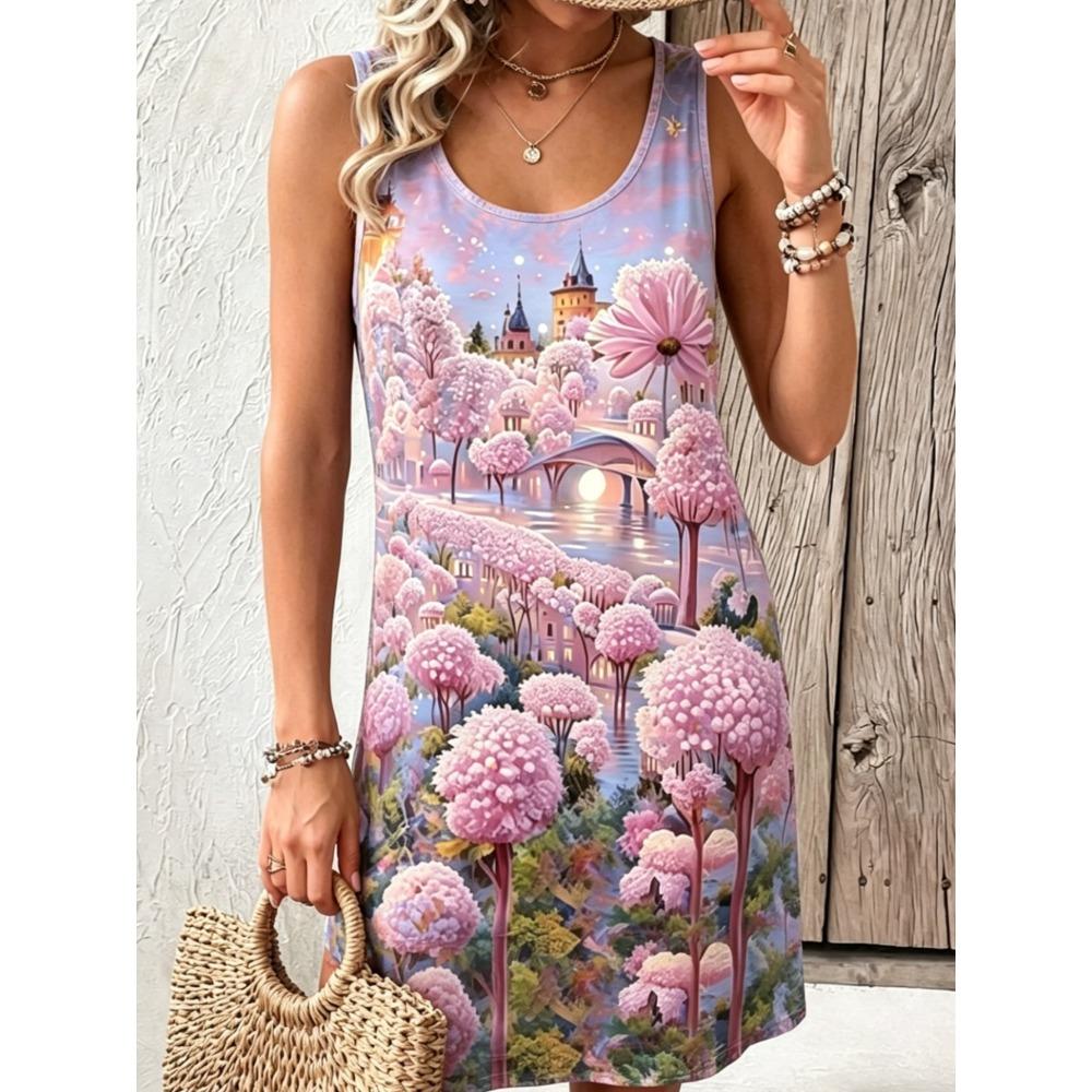 

Summer Women s Round-neck Sleeveless Loose Casual Vacation Flowers Dress Fashionable Comfortable Soft Breathable Mini Dress S