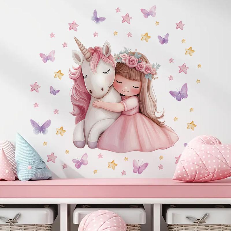 Adesivos de Parede de Vinil Infantil Menina Unicórnio Desenho Animado Para Decoração de Quarto de Bebê Acessórios de Quarto Decalques de Móveis Arte de Parede Decoração de Quarto