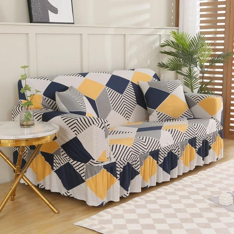 Printed Sofa Cover with Skirt All Inclusive Elastic Dustproof Sofa Covers for Living Room Multiple Color To Choice 1-5 Seater