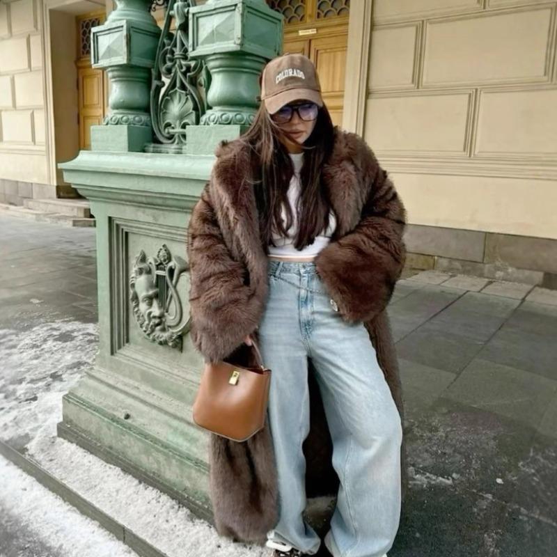Winter Brown Fur Coat Extended Retro Suit Collar Imitation Fur Coat High-end Fox Fur Coat Women