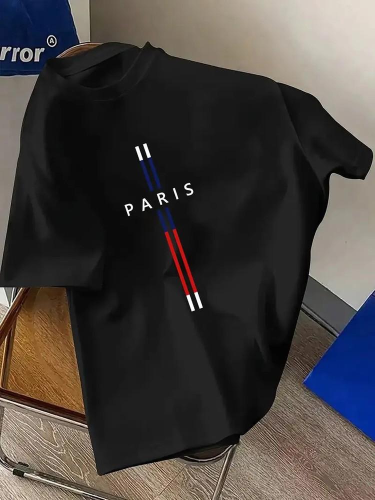 

Men S Casual Round Neck T-Shirt Printed with Geometric Paris Pattern Polyester F 2XL