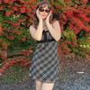 Party Style European and American Foreign Trade Women clothes off-Neck Tie Lining Ribbon Sexy Gyaru Plaid Sling Dress Fashion