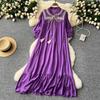 Elegant Retro Lace Up Summer Dress for Women A Line Ruffle Lantern Sleeve Loose Vacation Sweet O Neck Dresses