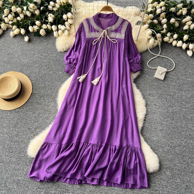 Elegant Retro Lace Up Summer Dress for Women A Line Ruffle Lantern Sleeve Loose Vacation Sweet O Neck Dresses