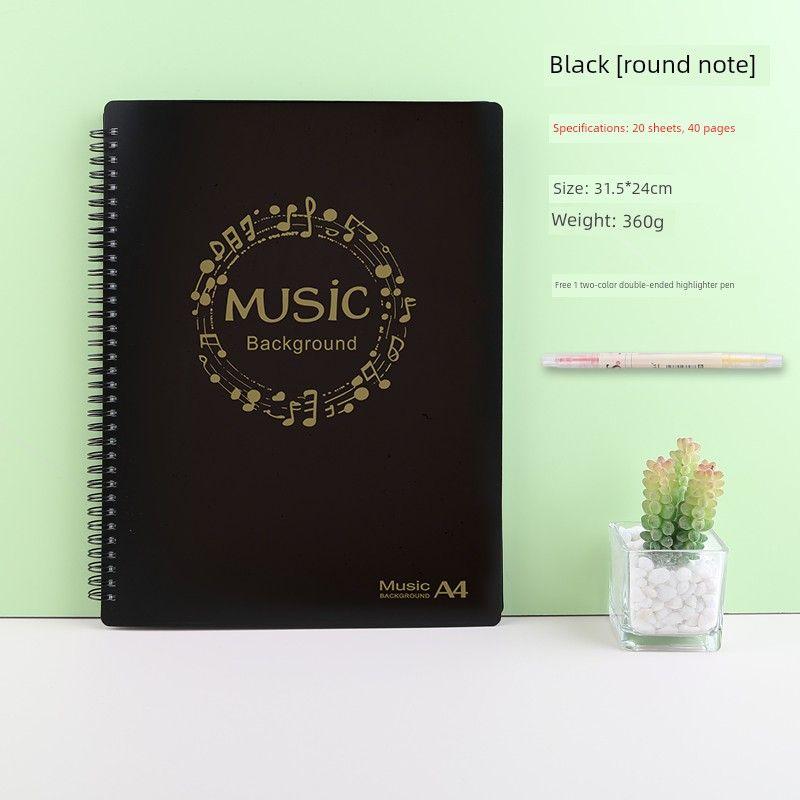 2026 Piano Sheet Music Folder A4 Modifiable 30-Hole Non-Reflective Music Score Document Folder Music Stationery [Classic] Black Round Note 20 Sheets for 40 Pages
