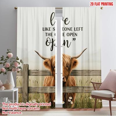 2 peças Cortinas de Impressão Plana 2D Vaca das Highlands Cerca Aberta Tecido de Poliéster Sem Eletricidade Decoração de Parede Festiva Uso para Stands
