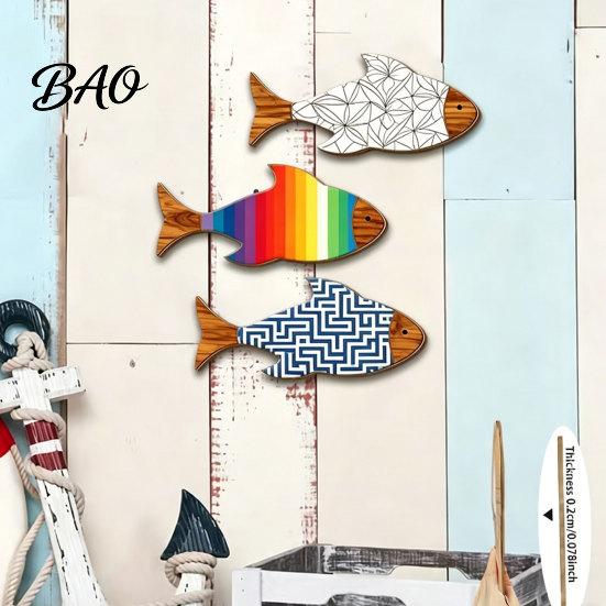 Fish Wall Decor 3Pcs/Set Wooden Coastal Art, Rustic Handcrafted Decor, Artistic Nautical Sculpture for Living Room, Beach Lake House Room