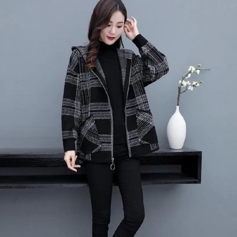 

2025 Autumn/Winter Korean Style Women s Petite Plaid Jacket - Versatile, Mid-Length, and Trendy 2XL чёрный