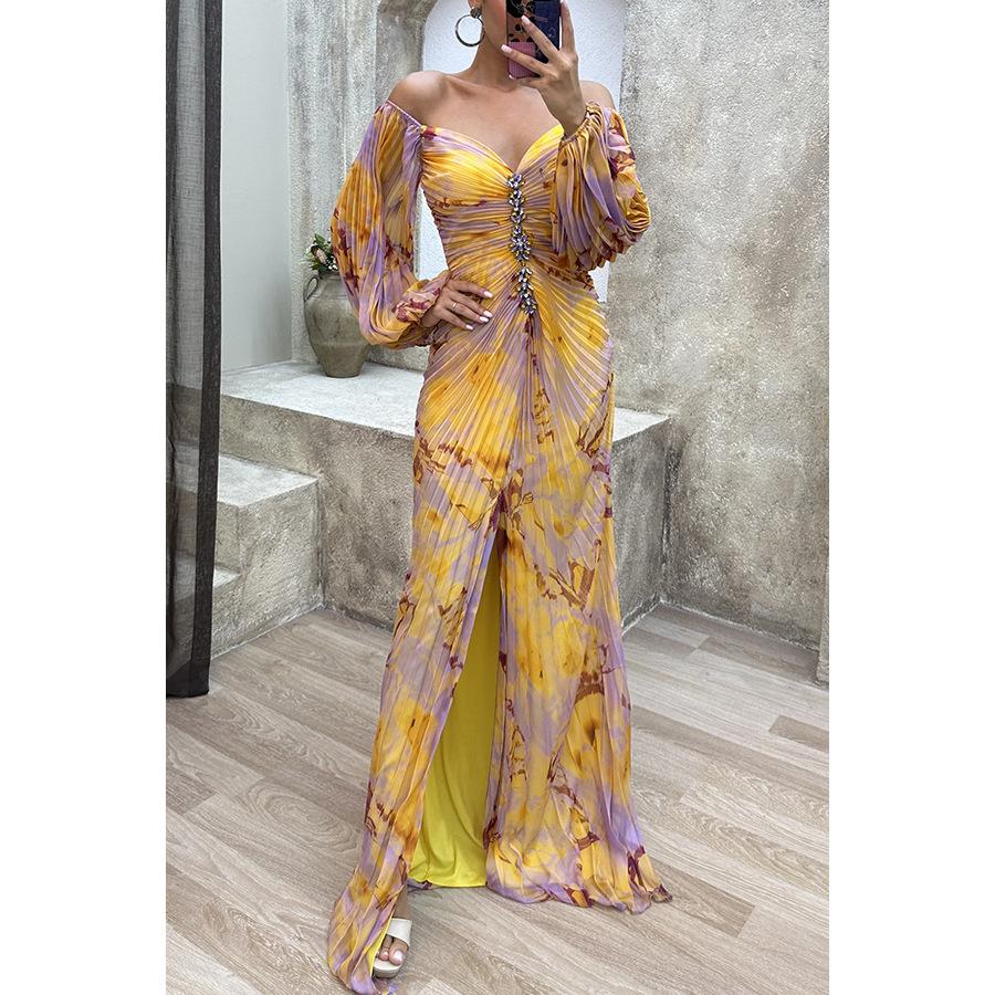 Yellow Floral Off-Shoulder Slit Maxi Dress with Chain Detail