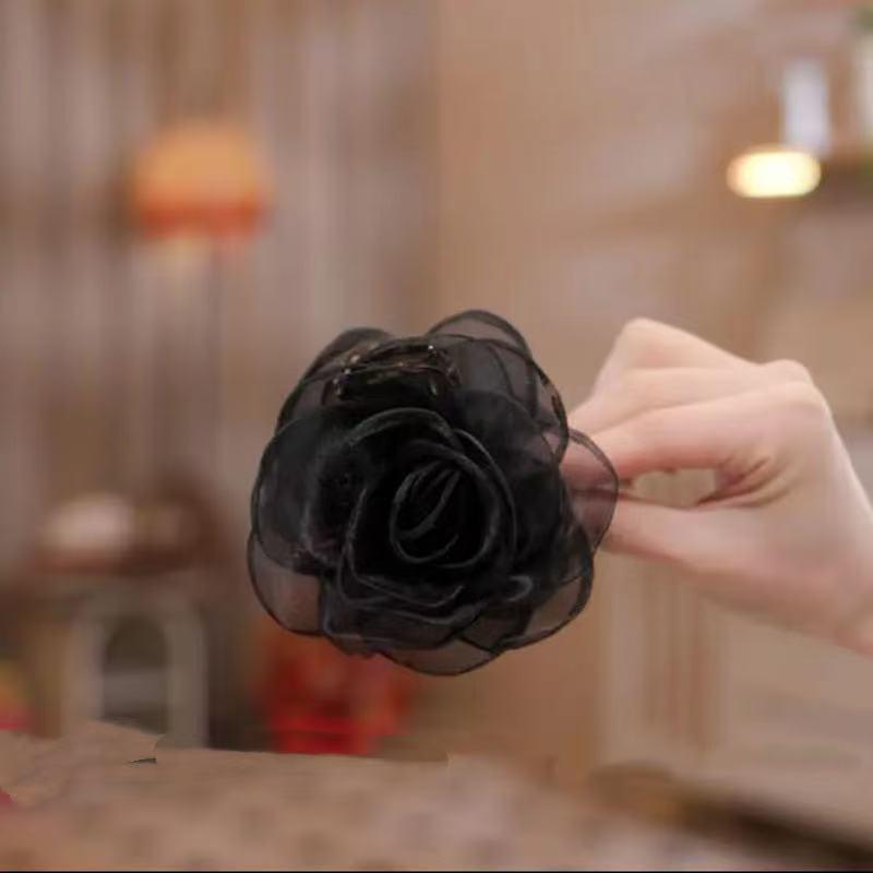 Elegant Fairy Gauze Rose Camellia Hair Claw for Women - Hair Clip Accessory for Ponytails and Bangs