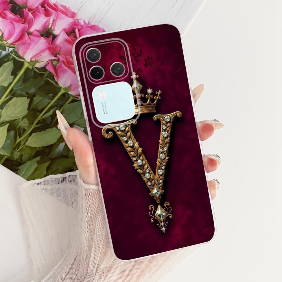 Für Vivo S18Pro V2344A Hülle Für Vivo S18 Pro Abdeckung Transparent Luxus Krone A-Z Buchstaben 2D Flaches Muster Weiches Gehäuse