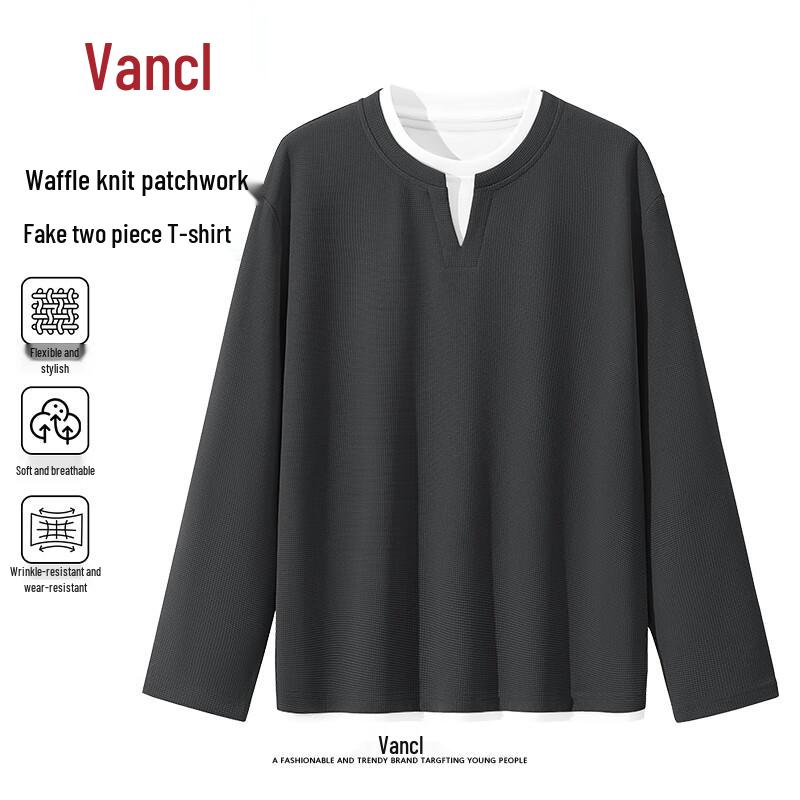 VANCL Men's Waffle V-Neck Faux Two-Piece Long Sleeve T-Shirt