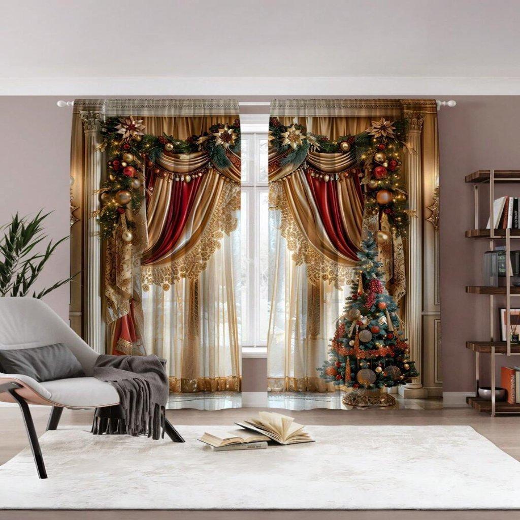 2pcs Red Christmas Digital Print Curtain, 100% Polyester Semi-shading Curtain For Bedroom, Living Room & Home Decor