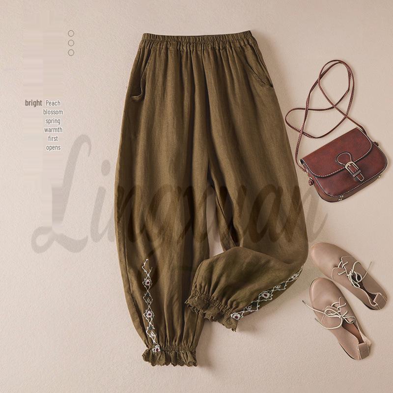 Women's Artistic Embroidery Cotton Linen Harem Pants - Slimming Casual Retro Style