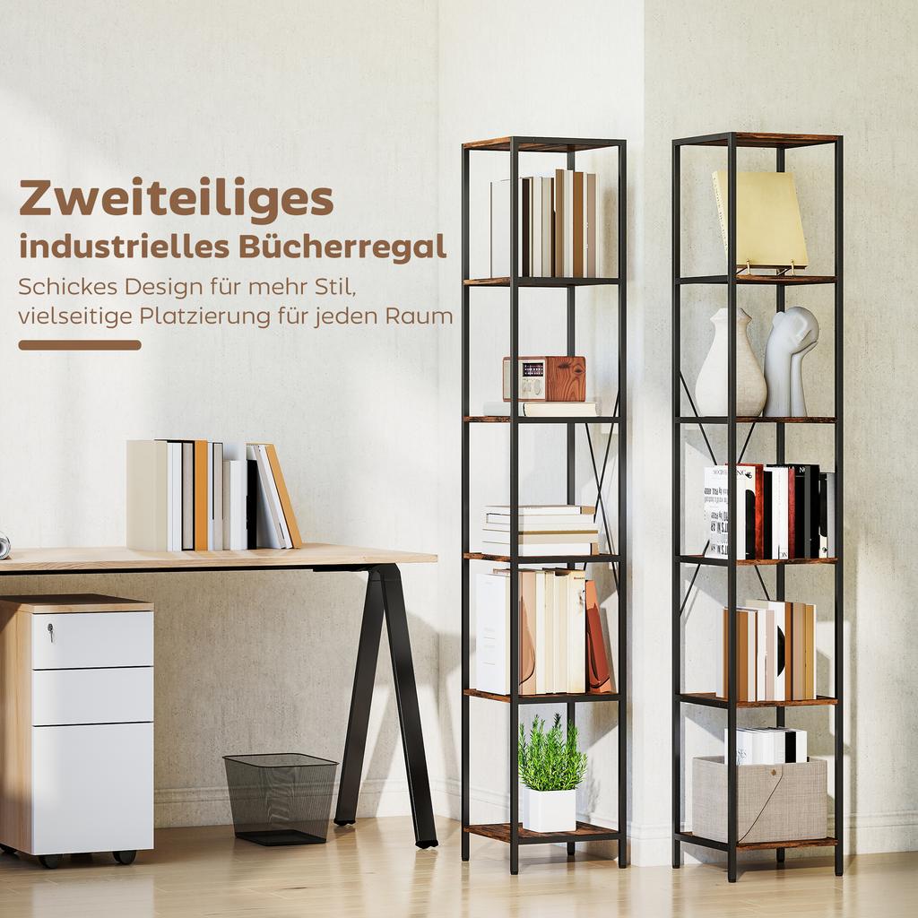 Set of 2 6-Level Bookshelves, Steel Frame, for Living Room, Office, Bedroom, Rustic Brown