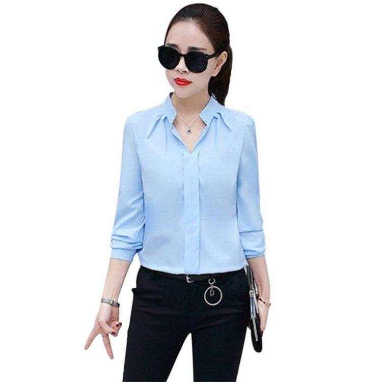 Elegant Sexy Women's White Chiffon Blouse Long Sleeve V Neck Office Shirt Summer Female Top