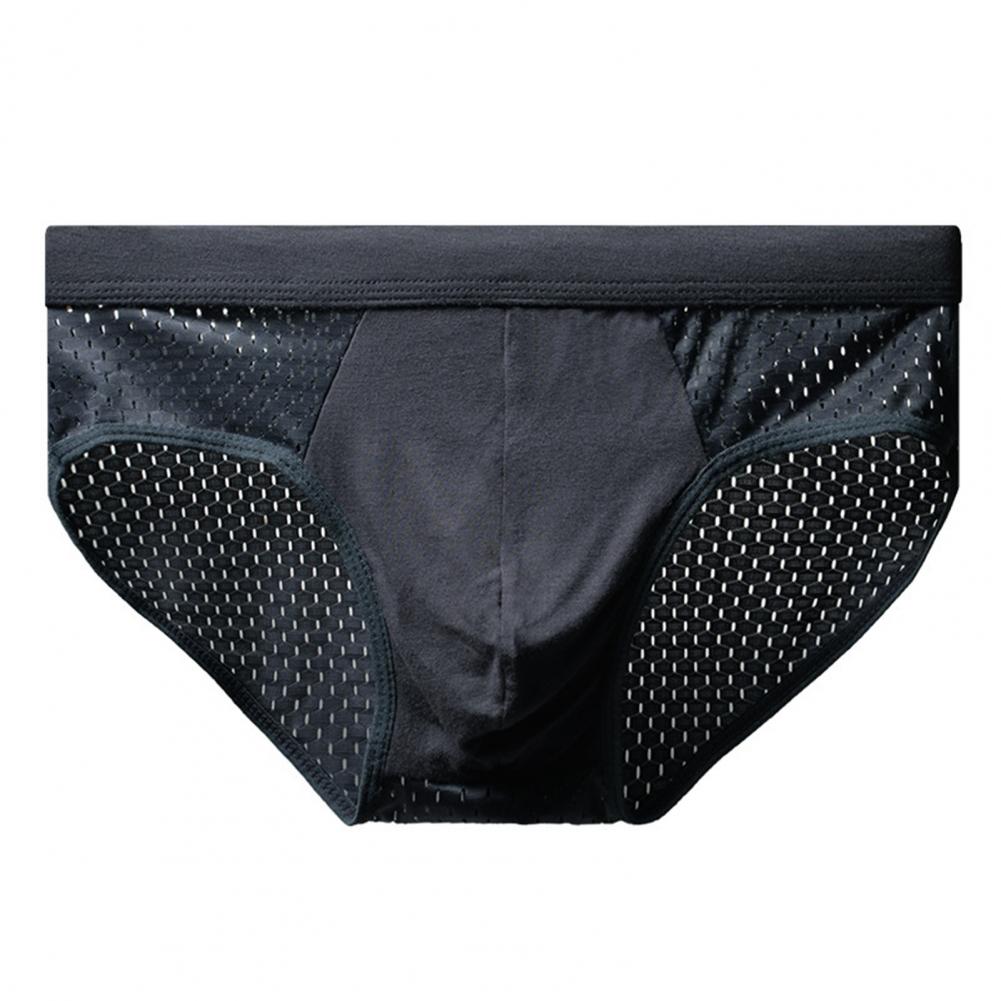 Men Briefs Mid-rise Elastic Waist Mesh Stitching Ice Silk Panties Breathable Solid Color U-Convex Underwear Daily Wear