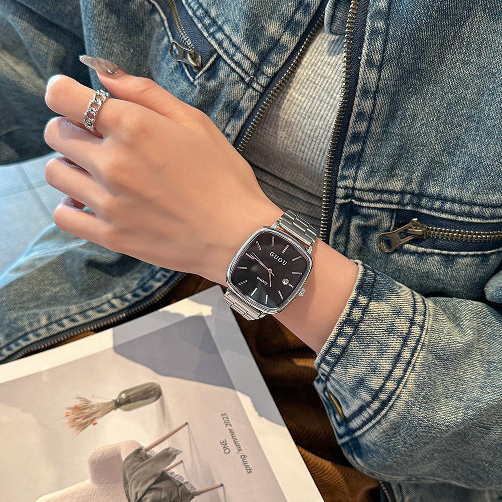 Steel Band Watch, Neutral Style, Fashionable Calendar, Small Square Watch, Commuting Simple High-end Watch for Men and Women