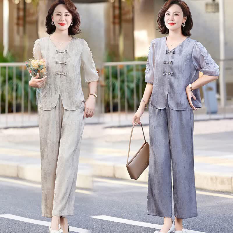 ROMON Elegant New Chinese Style Summer Two-Piece Set