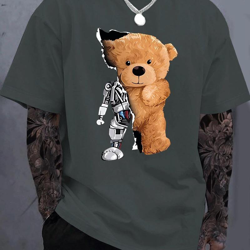Men's 100% Pure Cotton Summer Loose Oversized Casual Mechanical Bear Pattern Printed Sports Round Neck Short Sleeved T-shirt Top