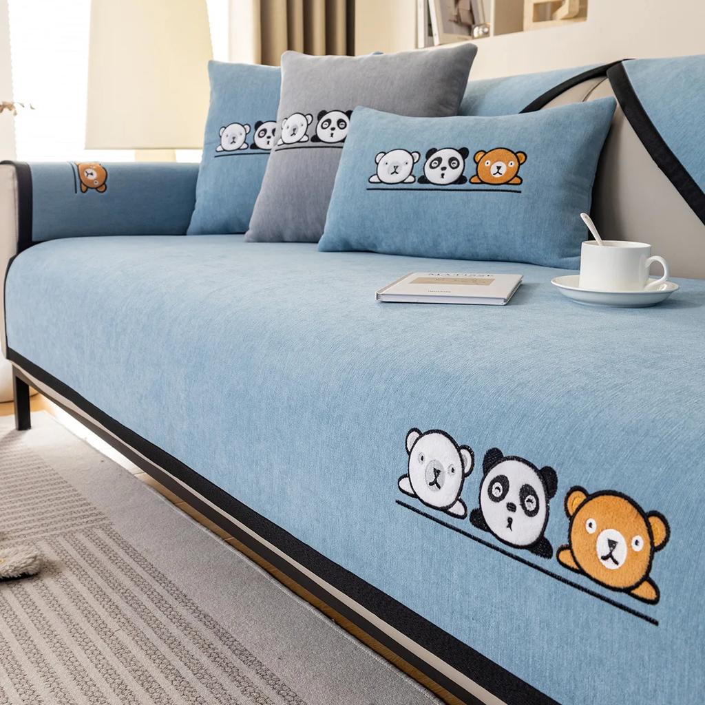 Cartoon Embroidery Sofa Cover Soft Chenille Solid Color Couch Cover Living Room Modern Simple Universal Non-slip Sofa Cushion
