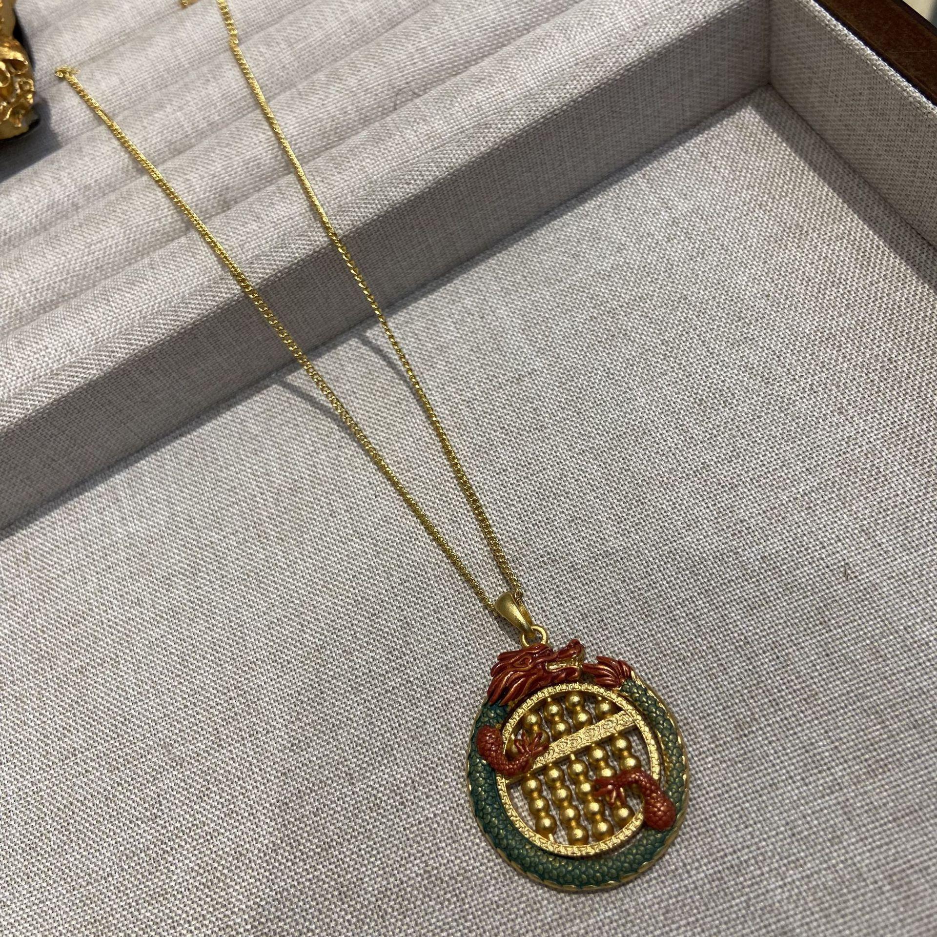 

Эмаль цвета капли масла золотой дракон узор кулон счеты настоящее золотое ожерелье латунное позолоченное старинное ожерелье счеты дракон мода