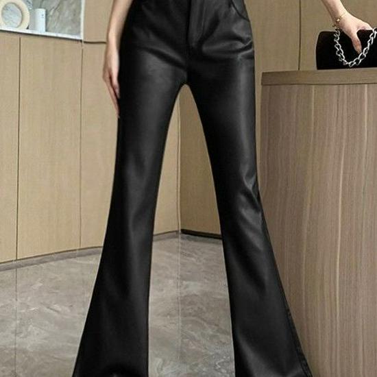 Women's Plus Size Retro High Waist PU Leather Flare Pants (Korean Style, 2026 Spring/Autumn)