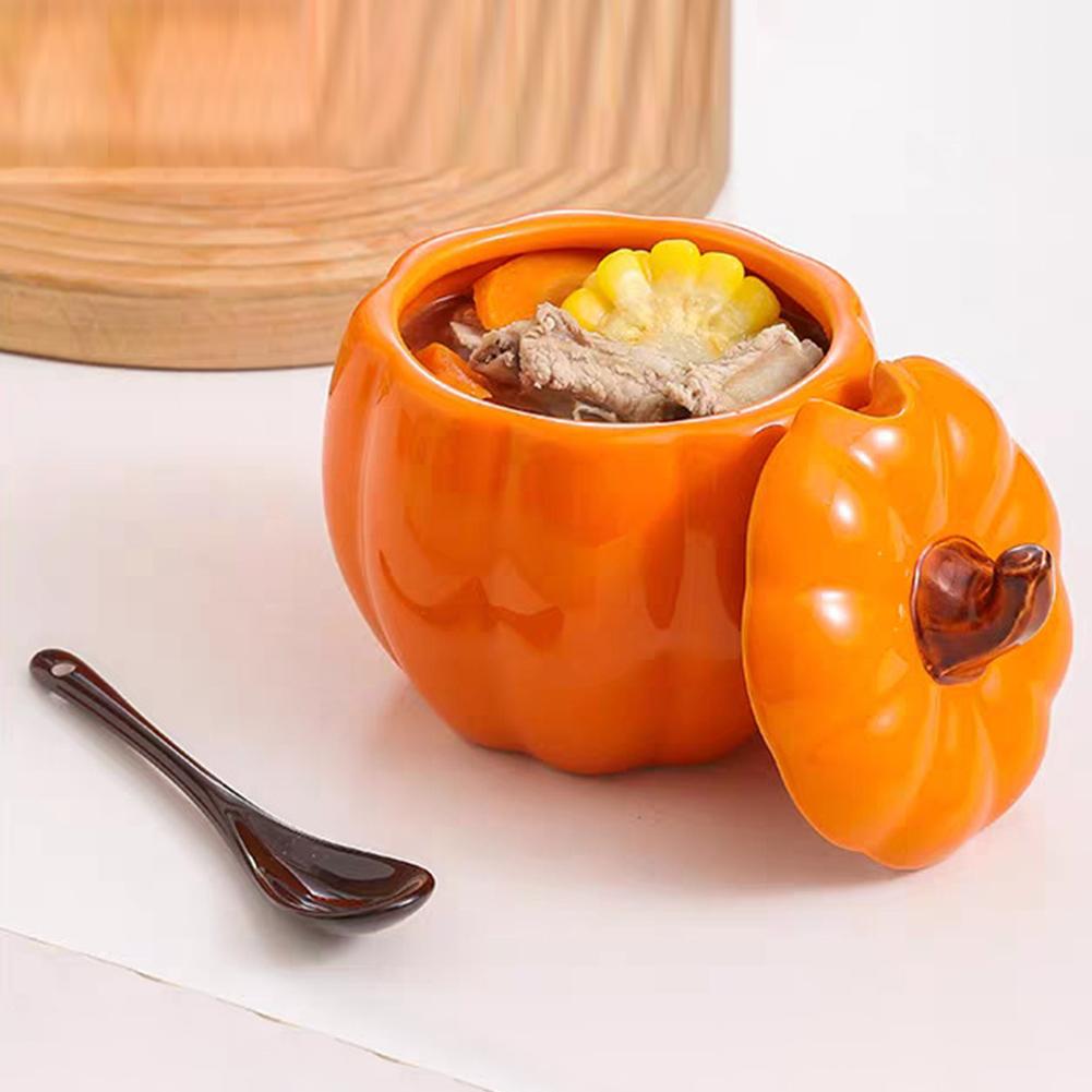400mI Ceramic Soup Bowl with Lid Creative Pumpkin Shape Soup Bowl Household Large Soup Noodle Bowl Halloween Decoration