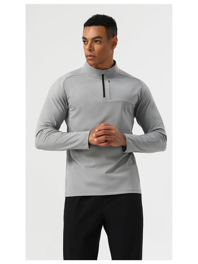Men's Nylon Half-Zip High-Elastic Fitness Top - Long Sleeve Stand-Up Collar for Autumn and Spring Running and Training.