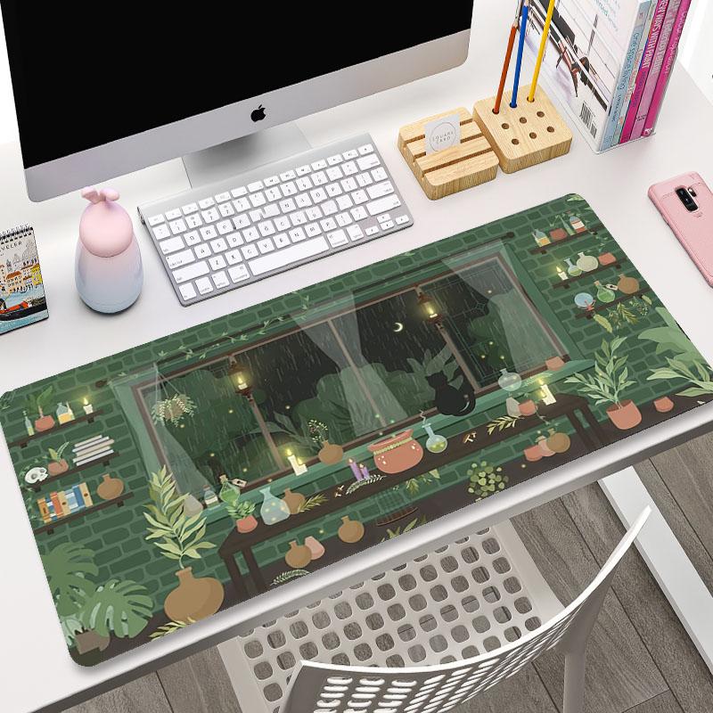 Niedliche Katze Großes Gaming-Tastatur-Mauspad XL Grüne Pflanze Computer-Gamer-Tablet-Mauspad Langes Mauspads XXL x Spiel-Mausmatten