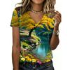 Summer Women's Fashionable T-shirt Comfortable Animal Flower 3D Printed Short Sleeved V Neck Loose Oversized Soft Breathable T-shirt