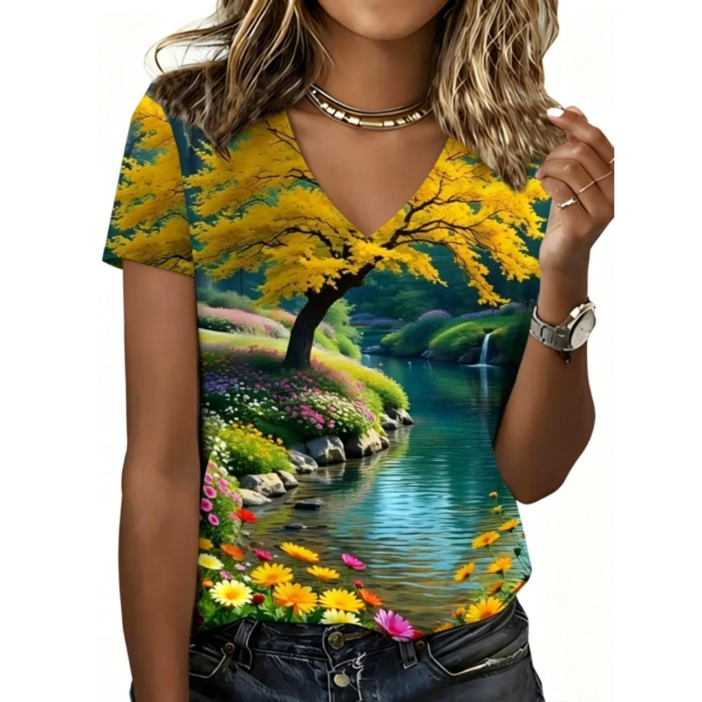 Summer Women's Fashionable T-shirt Comfortable Animal Flower 3D Printed Short Sleeved V Neck Loose Oversized Soft Breathable T-shirt