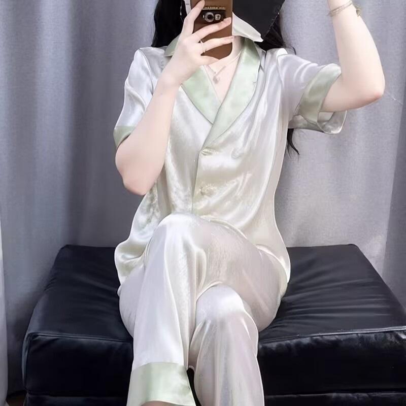 Pajamas women's summer cool ice and snow silk short-sleeved trousers cardigan simple two-piece set simple casual loungewear