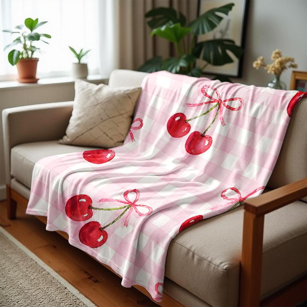 Pink Gingham Cherry Cartoon Anime Print Flannel Blanket Soft Warm Throw for Kids Bedroom Sofa Christmas Office Car