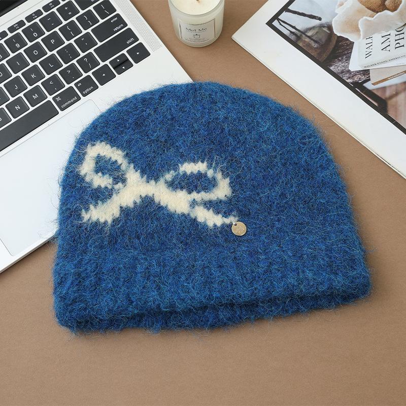 Korean Sweet Bow Jacquard Cold Hat Autumn and Winter Fashion Versatile Knitted Wool Hat Outdoor Cold Warm Hat New
