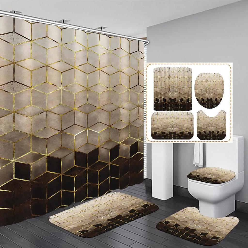 4Pcs Waterproof Shower Curtain Set Bathroom Curtain with Entrance Doormat Toilet Seat Cover Rug Anti-Slip Floor Mat Bath Decor