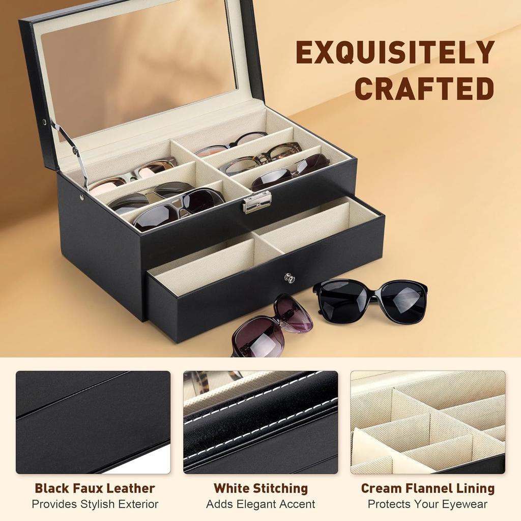 1pc 12 Grids Sunglasses Display Leather Box with Flip Cover, Double Layers Sunglass Presentation Collection Gift Case.