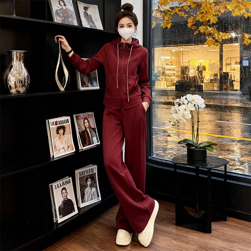 

Korean-Style Elegant Women s Casual Sportswear Set - Hooded Zipper Cardigan & Straight-Leg Pants for Autumn/Winter XXL