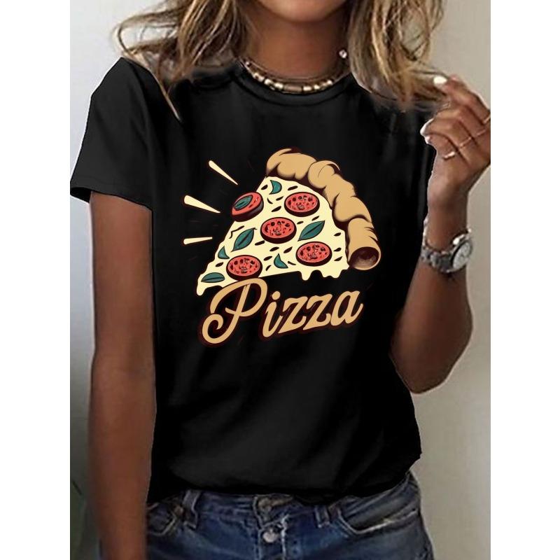 A Retro Pizza Graphic Tee, Short-Sleeved Crew Neck Casual Shirt Perfect for Spring and Summer, Designed for Women.