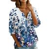 Women Henley Neck Button Front Floral Print Shirt Three Quarter Sleeve Cotton Linen Casual Loose Fit Blouse Top
