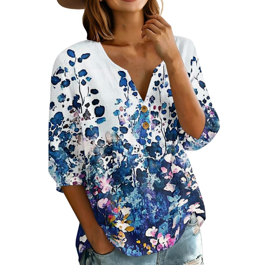 Women Henley Neck Button Front Floral Print Shirt Three Quarter Sleeve Cotton Linen Casual Loose Fit Blouse Top