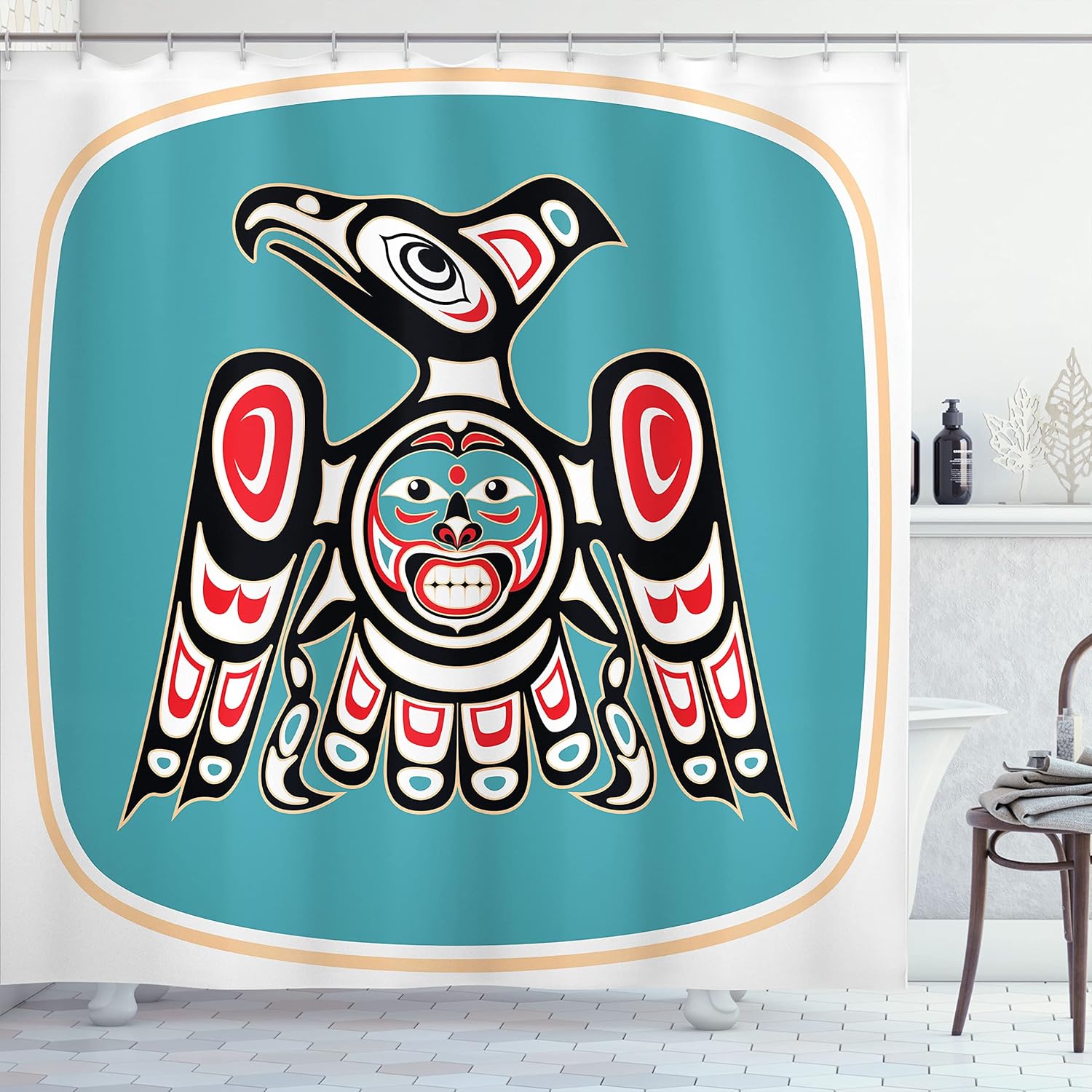 

Native American Eagle Shower Curtain Tribal Art Indigenous Design Blue Red Black Pattern Bathroom Decor Waterproof Fabric150X200 W60H190(CM)-1 Pcs