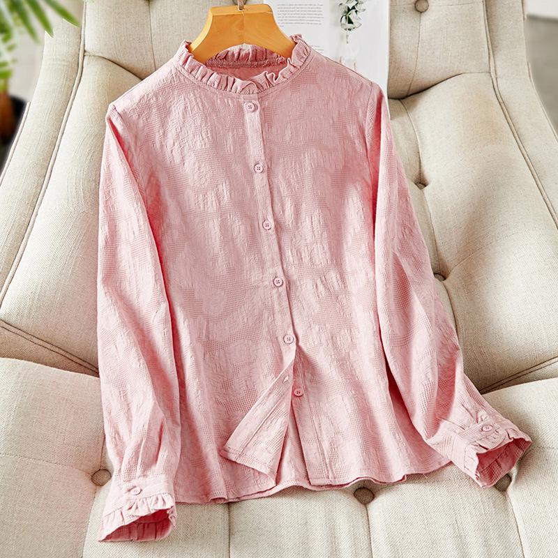 

Розовая рубашка с воротником-стойкой и длинными рукавами, весенний хлопковый топ, темпераментная, с легким узором, вышитая рубашка XXXL